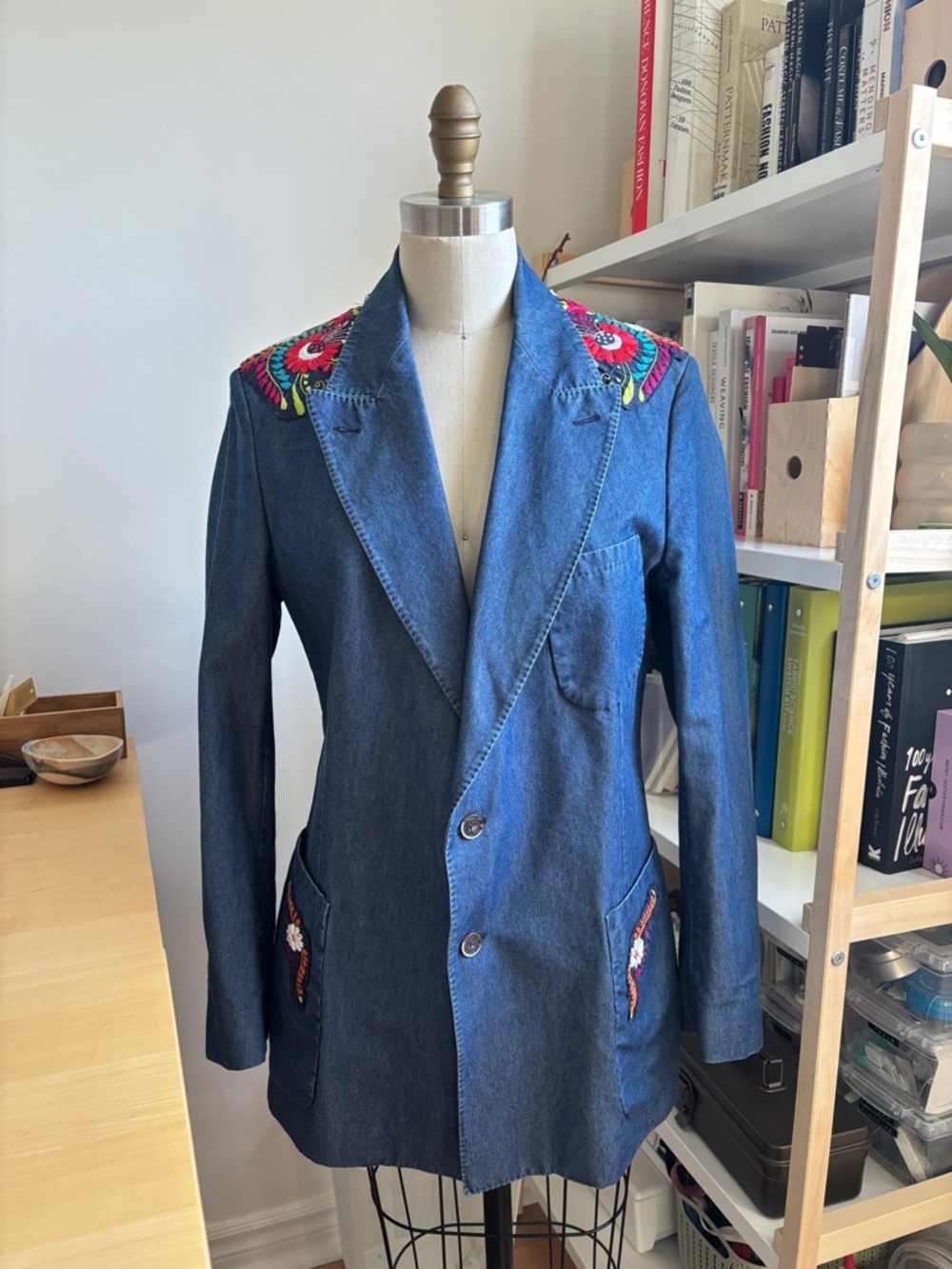 Suitsupply Blue Denim Blazer with Multicolor Embroidered Shoulders